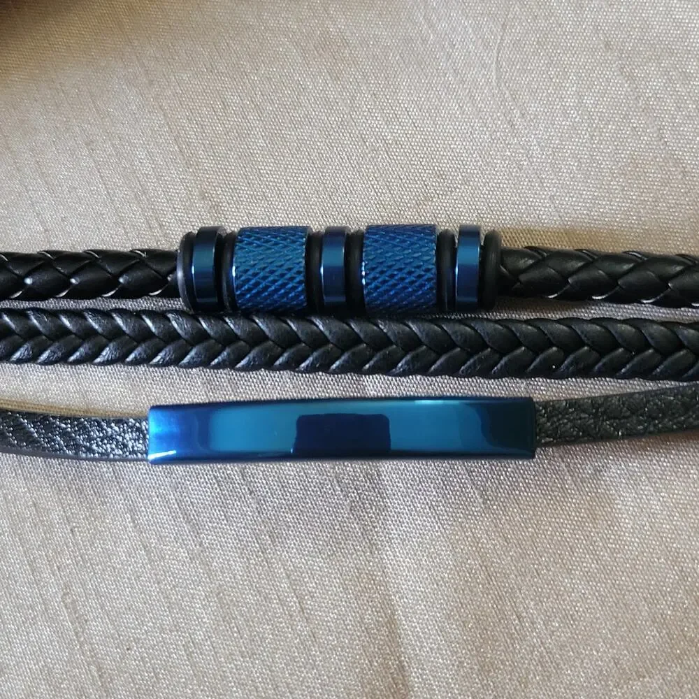 Blue stainless steel & black faux leather layered beaded bracelet magnetic clasp